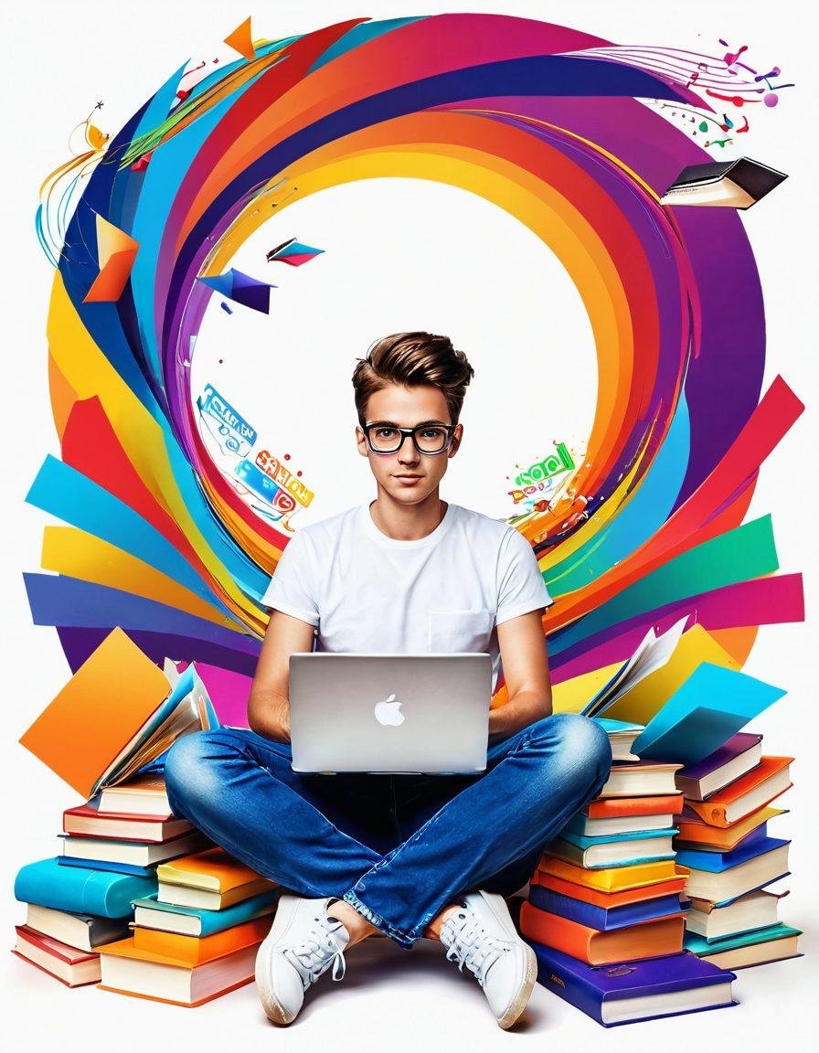A dynamic scene depicting a confident blogger surrounded by vibrant books and a laptop, with swirling colorful ideas and illustrations representing creativity and passion flowing around. The background features a vibrant blogosphere landscape filled with social media icons and digital elements. The atmosphere is uplifting and inspiring. super-realistic. vibrant colors. white background.