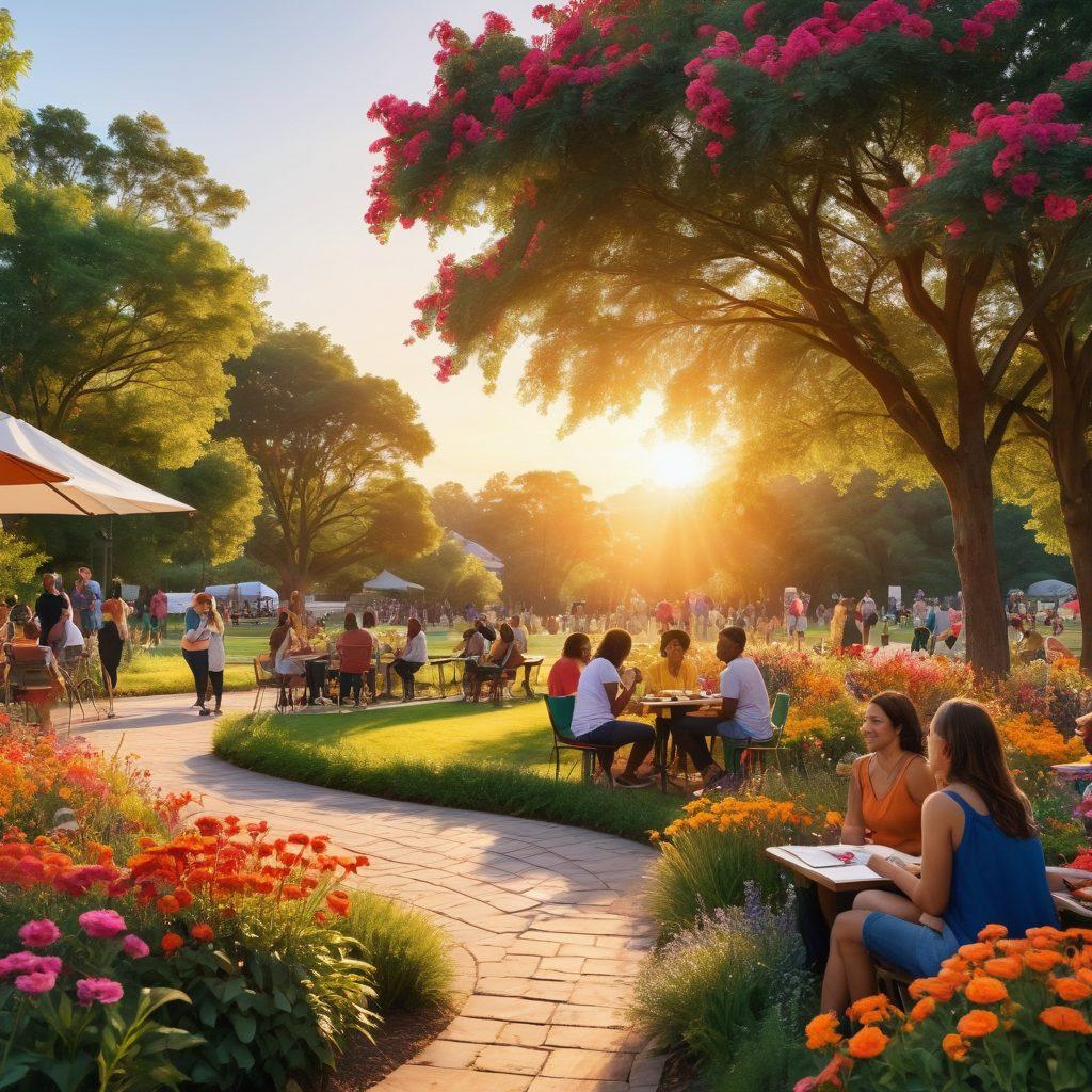 A bustling community gathering in a colorful park, featuring diverse individuals engaging in conversation, sharing ideas, and participating in activities. Lush greenery surrounds them with vibrant flowers and unique art pieces scattered throughout. In the background, a warm sunset casts a golden glow, symbolizing connection and positivity. The atmosphere conveys excitement and inclusivity, inviting viewers to feel a part of the scene. vibrant colors. super-realistic.